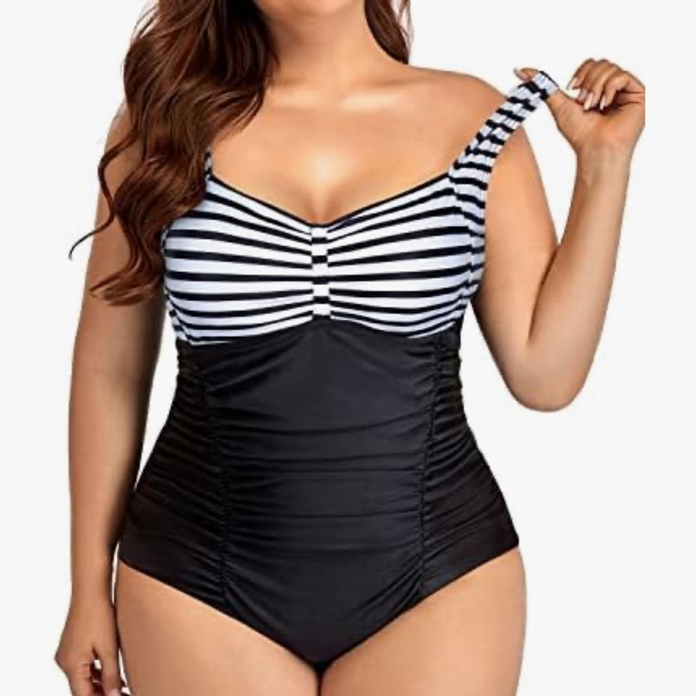 Daci Plus Size Swimsuit Tummy Control Retro Ruched Bathing Suit Vintage Swimwear - Picture 3 of 8